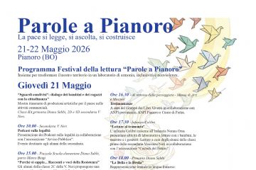 Ore 10.00 - Secondaria V. Neri

Podcast sulla legalità
Presentazione dei Podcast sulla legalità in collaborazione con l’associazione “Avviso Pubblico”.
Evento destinato agli alunni della secondaria.

Ore 15.00 - Piazzale Scuola elementare Diana Sabbi, parco Marco Biagi

“Perché si sappia... Racconti e voci della Resistenza”
Gli alunni delle classe 2C delle V. Neri propongono una visita guidata alle opere “Segni di Resistenza” un progetto dell’Accademia di Belle Arti di Bologna e ANPI provinciale, in collaborazione a Pianoro con l’associazione Cuore di Pietra.

Ore 16.30 - Al termine della passeggiata - Museo di Arti e Mestieri

Testimonianze
A cura del Gruppo dei Libri Viventi in collaborazione con ANPI provinciale, ANPI Pianoro e Cuore di Pietra.

Ore 17.30 - Infanzia Colibrì

“Letture al tramonto”
L’infanzia Colibrì insieme all’infanzia Nonna Orsa presentano attività di laboratorio e letture con i bambini, le maestre e i genitori. Letture a cura degli alunni delle classi prime della secondaria Vincenzo Neri in collaborazione con l’associazione “Custodi del Futuro”.

Ore 18.00 - Primaria Diana Sabbi

“La Bella e la Bestia”
Rappresentazione teatrale in lingua francese.
Classe 1A secondaria V. Neri.

Venerdì 22 Maggio
Ore 16.30 - Ludoteca di Pianoro Nuovo e giardino Marco Biagi

“Il muro dei conflitti”
Classe 4E primaria S. D’Acquisto.
A seguire
Lezione di Yoga
Lezione di Yoga per famiglie con la maestra Dolores Principe.
(Fino ad esaurimento posti. Necessario tappetino personale).

Ore 17.30 - Parco del Velodromo

Realizzazione del progetto “Il Buco”
Balli tribali, letture e rappresentazione.
Classi 1A - 1B - 1C primaria D. Sabbi.

Ore 19.00 - Teatro Arcipelago

“In prima linea per un mondo migliore”
Presentazione delle associazioni che si occupano di diritti umani.
Classi 3A e 3B della scuola secondaria di primo grado V. Neri.

Ore 20.00 - Teatro Arcipelago

“LOVE, PEACE, MUSIC”
Concerto dell’indirizzo musicale de